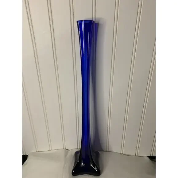 Vintage Cobalt Blue‎ & Clear Art Glass Bud Vase Square 15 3/4” Tall - Picture 5 of 6